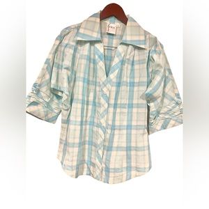 Finley Size Large Blue Plaid Button Down Top 3/4th Sleeves Collar Cotton